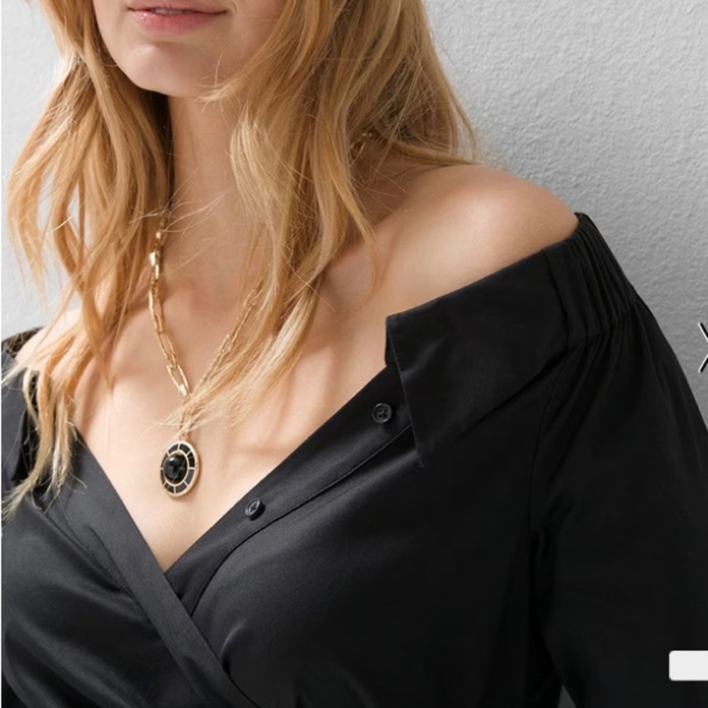 White House Black Market Off-Shoulder Poplin Shirt Black Size 0